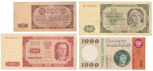 Jeu de 5, 50, 100 et 1.000 zloty 1948-1965 (4pc)