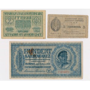Ukraina, 2 i 5 Hrywien i 100 Karbowańców 1918-1942 (3szt)