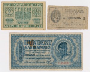 Ukraine, 2 and 5 Hryvnias and 100 Karbowańcs 1918-1942 (3pc)