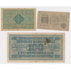 Ukraina, 2 i 5 Hrywien i 100 Karbowańców 1918-1942 (3szt)