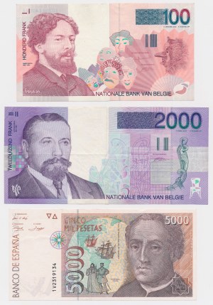 Belgium 100 and 2,000 Francs and Spain 5,000 Pesetas (3pc)