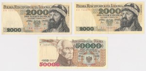 Zestaw 2x 2.000 zł BR, BZ i 50.000 zł P 1982-1993 (3szt)