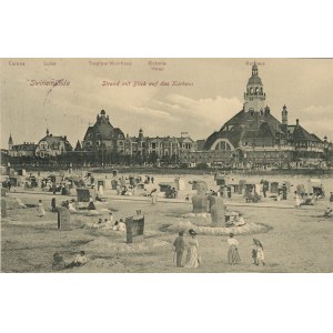 Świnoujście - Pláž s výhľadom na kúpeľný dom, asi 1910