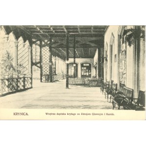 Krynica - interiér krytej promenády s Hlavnými a Karolovými kúpeľmi, asi 1910