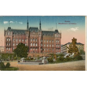 Szczecin - Brunnen und Rathaus, um 1910