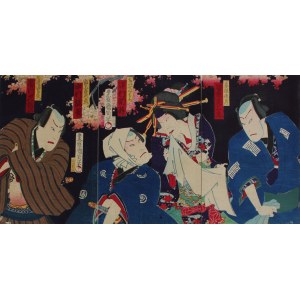 Toyohara Kunichika, Schauspieler in dem Kabuki-Stück Kanto Meibutsu Otokodate Kagami - Triptychon