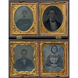 Box-framed portrait photographs: ferrotype and 3 ambrotypes,