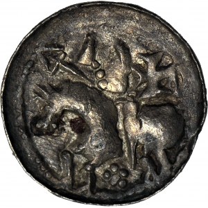 R-, Boleslaw II. der Kühne 1058-1079, Herzoglicher Denar, Fürst zu Pferd, Kreuz