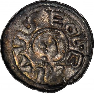 R-, Bolesław II Śmiały 1058-1079, Denar książęcy, książę na koniu, litera S i małe z