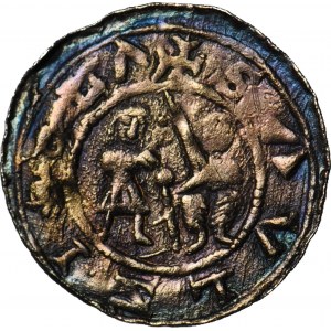 R-, W. II Wygnaniec 1138-1146, Denar Krakau, Kampf mit einem Löwen/ Fürst und Knappe
