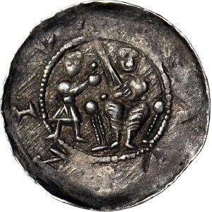 R-, W. II Exile 1138-1146, Denarius of Cracow, Fight with a lion/ Prince and squire