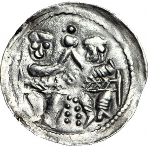 Bolesław IV Kędzierzawy 1146-1157, Denar dwaj bracia za stołem, 8 kropek pod stołem