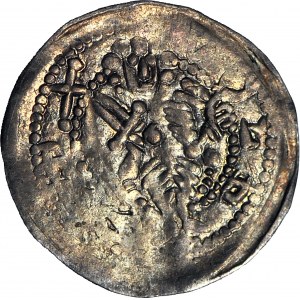 RR-, Przemysław I i Bolesław Pobożny, Denar 1253-1257, Poznań, Biskup/Rycerz z mieczem