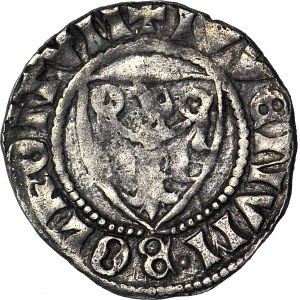 R-, Bernhard II. von Świdnica oder Heinrich I. von Jaworski oder Bolko II. und Heinrich II., vierteljährlicher Ritterhelm, Lwówek 1301-1312