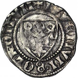 R-, Bernard II of Świdnica or Henry I of Jaworski or Bolko II and Henry II, Quarterly knight's helmet, Lwówek 1301-1312