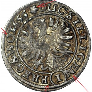 RR, Silesia, Three Brothers, 1 krajcar 1655, Brzeg, error in inscription in reverse legend