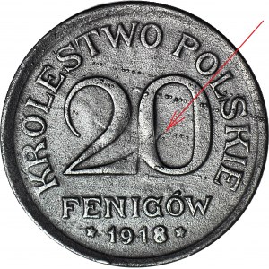 Kingdom of Poland, 20 fenig 1918 FF, DESTRUKT - ghost