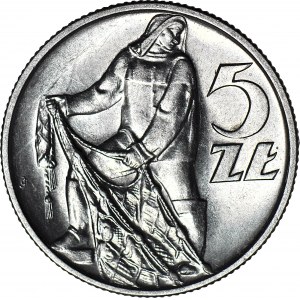 5 złotych 1958, Rybak, wąska 8, świeży stempel, menniczy