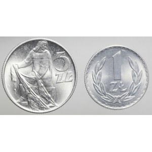 Zestaw dwóch monet: 5 złotych 1974 + 1 złoty 1971