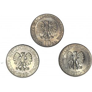 3 szt. zestaw 10 złotych 1967,1969 i 1970 Kościuszko i Kopernik, małe, mennicze