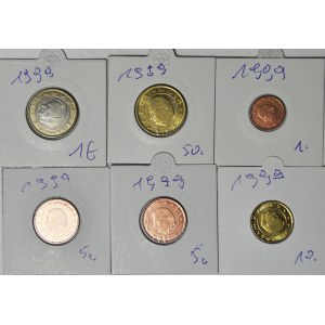 Belgia, 6 szt. monet z 1999 roku, 1 Euro, 50, 10, 5, 5 i 1 cent