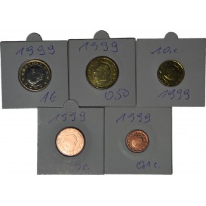 Belgium, 5 pieces of 1999 coins, 1 Euro, 50, 10, 5 and 1 cent