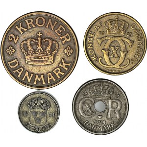 Denmark, set of 4 pieces, 1 and 2 crowns 1925, 25 ore 1914 and 1924