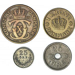 Denmark, set of 4 pieces, 1 and 2 crowns 1925, 25 ore 1914 and 1924