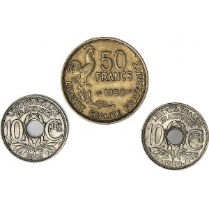 France , set of 3, 10 centimes 1918 and 1939, 50 francs 1953