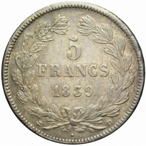 Francja, Ludwik Filip I, 5 franków 1839 D, Lyon, ładne