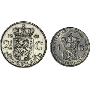2 szt. Holandia, Niderlandy, zestaw 2 ½ 1961 i 1 Guden 1940