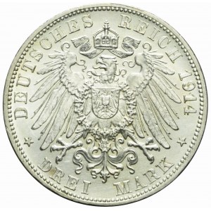 Germany, Baden, Frederick II, 3 marks 1914 G, Karlsruhe, beautiful