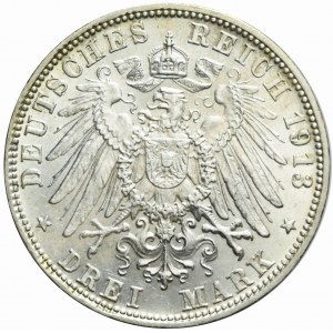 Niemcy, Bawaria, Otto, 3 marki 1913 D, Monachium, bardzo ładne