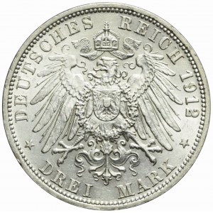 Niemcy, Prusy, Wilhelm II, 3 marki 1912, Berlin, bardzo ładne