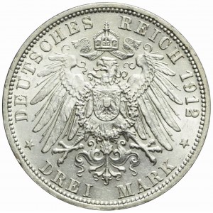 Germany, Prussia, Wilhelm II, 3 marks 1912, Berlin, very nice