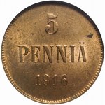 Finland, Nicholas II, 5 Pennia 1916, minted
