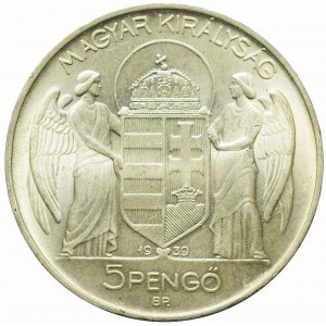 Hungary, Miklos Horthy, 5 pengo 1939 BP, Budapest