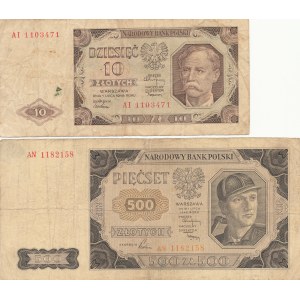 2 pcs set 10 zl 1948 ser. AI, 500 zloty 1948 ser. AN