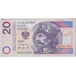 20 złotych 1994, druk TDLR Londyn, AA 0023962, dwa zera na początku