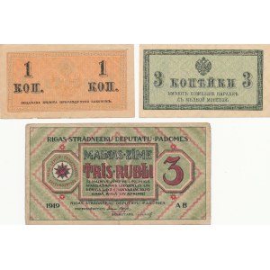 3 pieces, Latvia 3 rubles 1919, Russia 1 and 3 kopecks