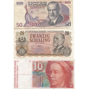 Austria, set of 50 and 20 shillings 1956-86 and Switzerland, 10 francs 1982