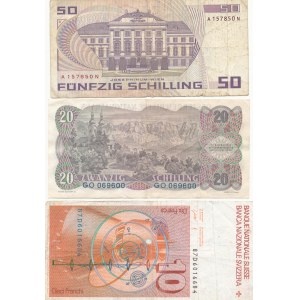 Austria, set of 50 and 20 shillings 1956-86 and Switzerland, 10 francs 1982