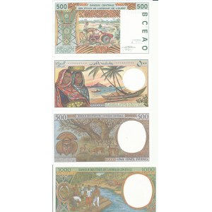 4 pcs, West and Central Africa, Comoros, Congo, Ivory Coast, 500 and 1000 Francs