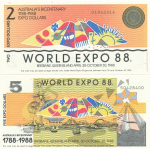 set of 2 pcs. Australia, $2 and $5 1988, EXPO '88 promotional banknotes