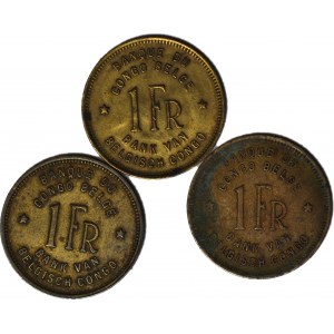 Belgian Congo, 1 franc 1944, 1946, 1949, set of 3.