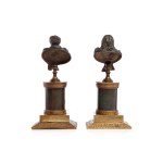 Sculptor unspecified, French (?), 20th century, Busts of French historical figures: Voltaire and Rousseau on decorative pedestals
