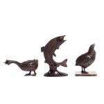 Sculptor unspecified, Japanese (?), 20th century, Set of three figures Koi carp, Goose and Quail.