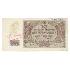 10 złotych 1940 - L - fałszerstwo - adnotacje na marginesie L.Dz 2659 Eksp / 48