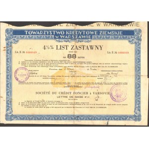 Towarzystwo Kredytowe Ziemskie w Warszawie - 4 1/2% list zastawny na 88 złotych 1936 -