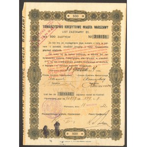 Towarzystwo Kredytowe Miasta Warszawy - 8% list zastawny - 500 złotych 1932